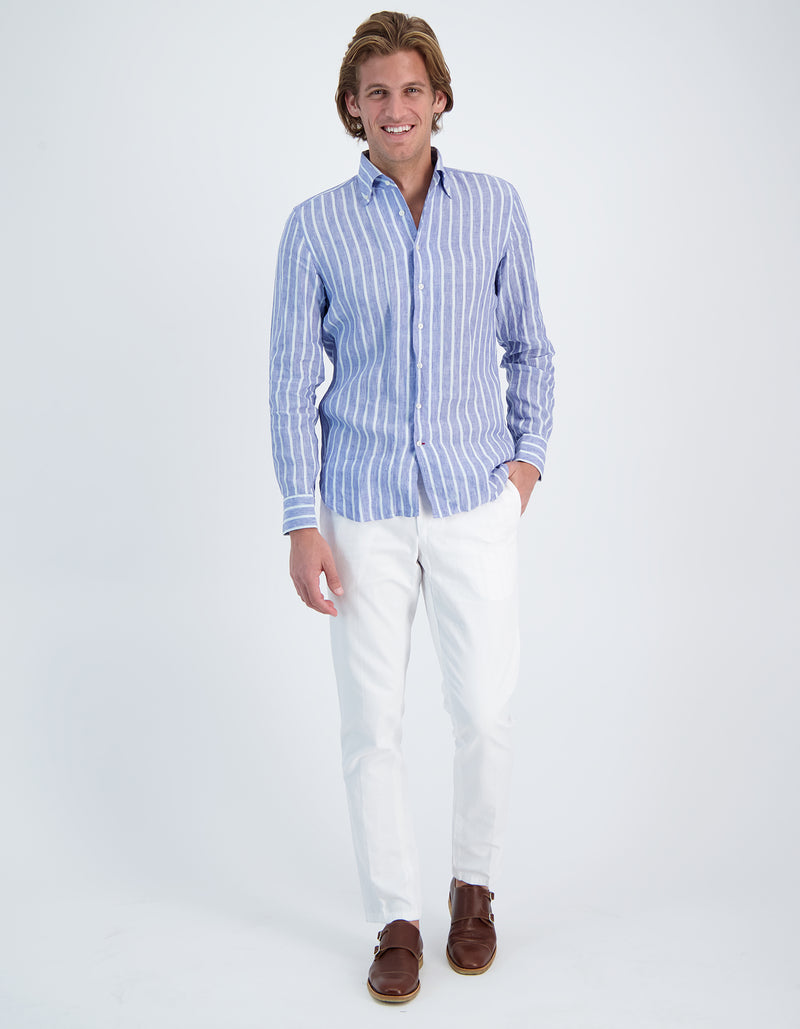 MONCEAU LUXURY SOFT LINEN MADRAS STRIPE ONE PIECE BUTTON DOWN COLLAR SHIRT