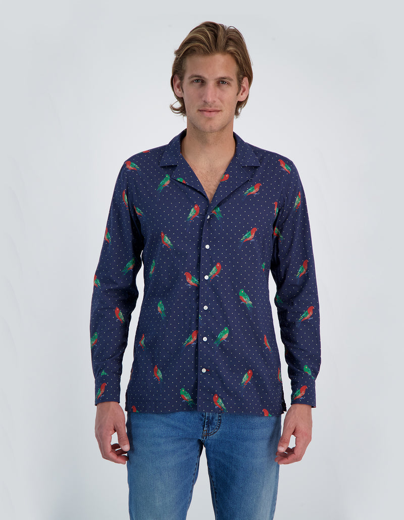 RIVIERA LUXURY SOFT VOILE KING PARROT PRINT CAMP COLLAR SHIRT