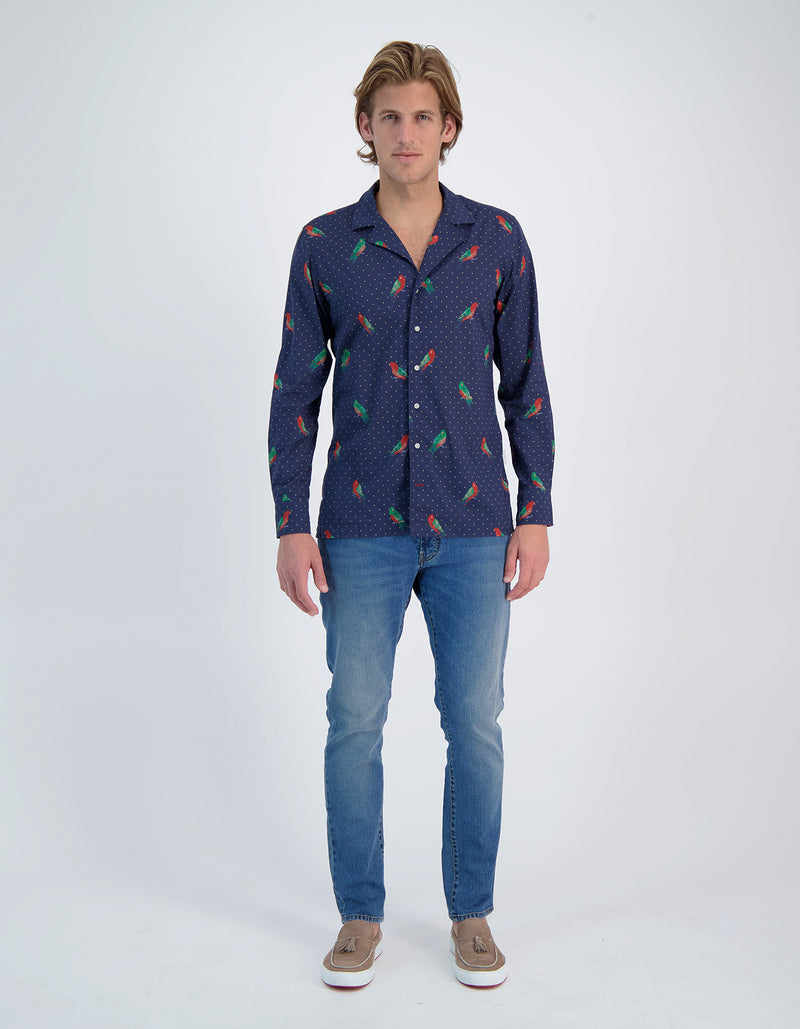 RIVIERA LUXURY SOFT VOILE KING PARROT PRINT CAMP COLLAR SHIRT