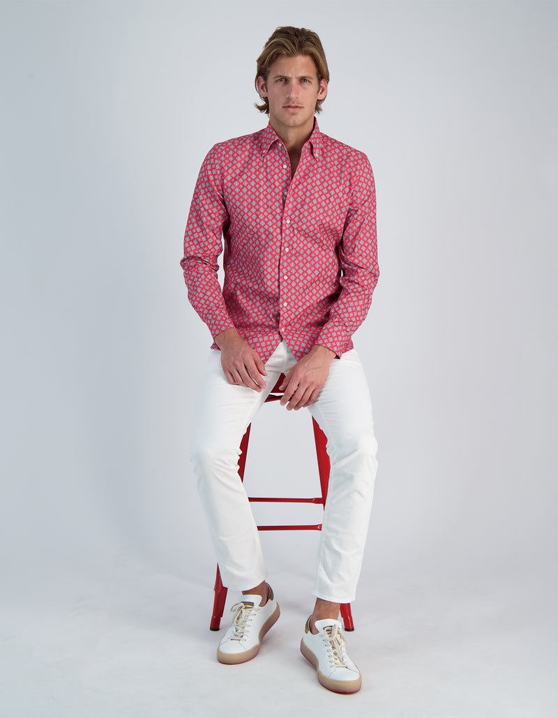 MONCEAU LUXURY LINEN FLORAL PRINT ONE PIECE BUTTON DOWN COLLAR SHIRT