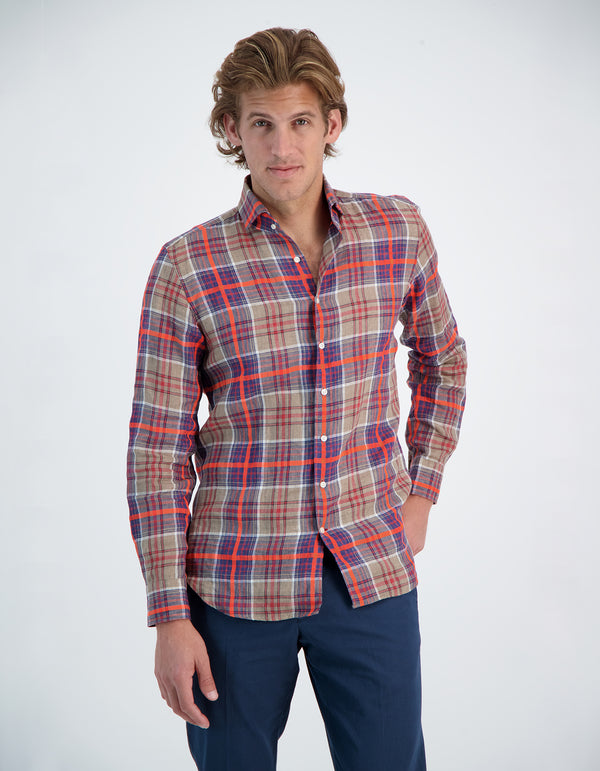 LAPO LUXURY SOFT FLUO LINEN PLAID ONE PIECE SPREAD COLLAR SHIRT