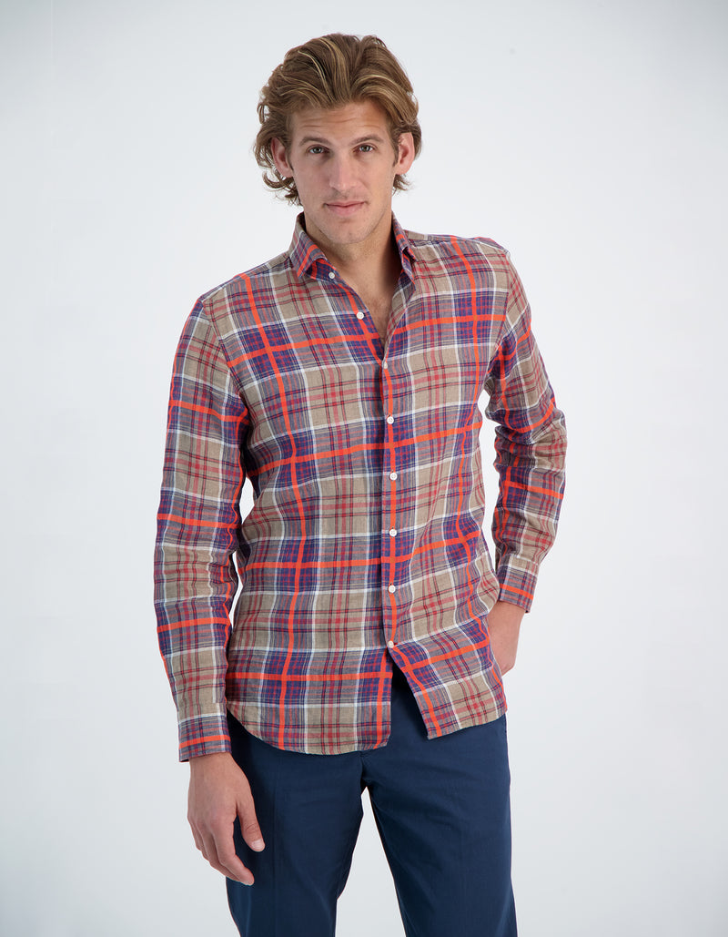 LAPO LUXURY SOFT FLUO LINEN PLAID ONE PIECE SPREAD COLLAR SHIRT