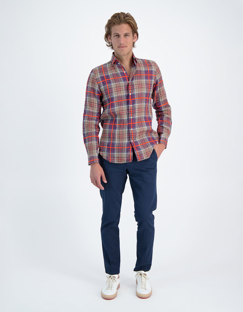 LAPO LUXURY SOFT FLUO LINEN PLAID ONE PIECE SPREAD COLLAR SHIRT