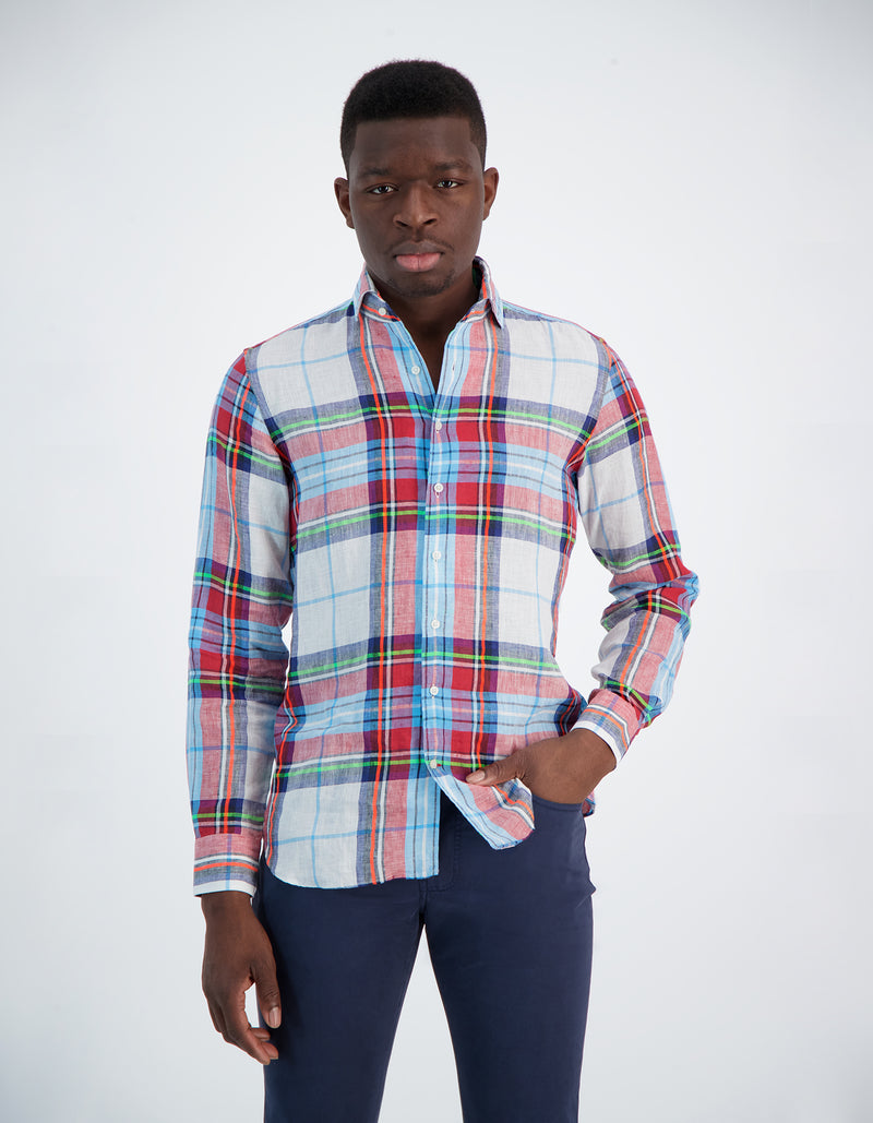 LAPO LUXURY LINEN FLUO PLAID ONE PIECE SPREAD COLLAR SHIRT