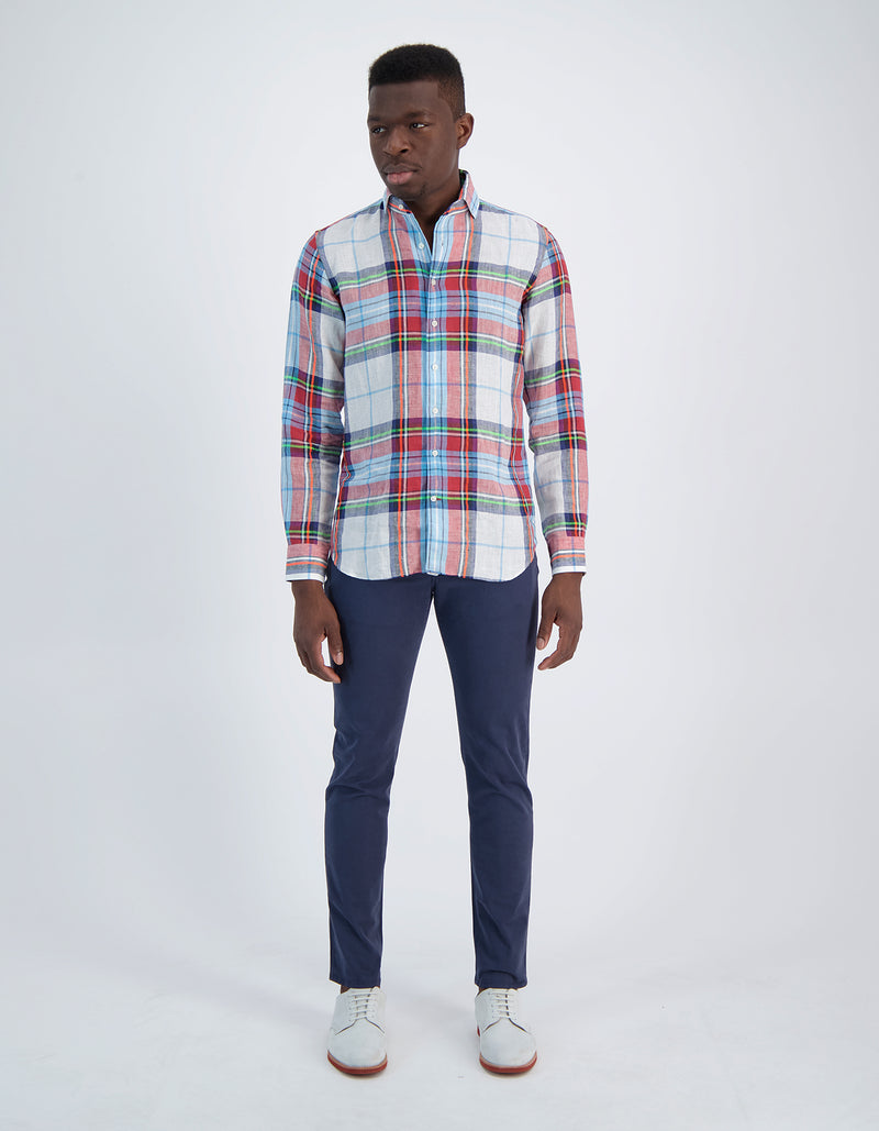 LAPO LUXURY LINEN FLUO PLAID ONE PIECE SPREAD COLLAR SHIRT