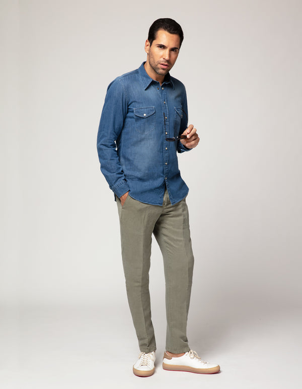 CREMIEUX MADE IN EUROPE COTTON STRETCH PANTS FADED OLIVE