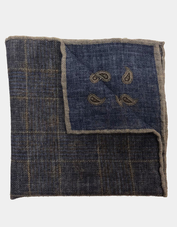 FAZZOLETTO WOOL FLANNEL DOUBLE SIDED GLEN CHECK PAISLEY POCKET SQUARE