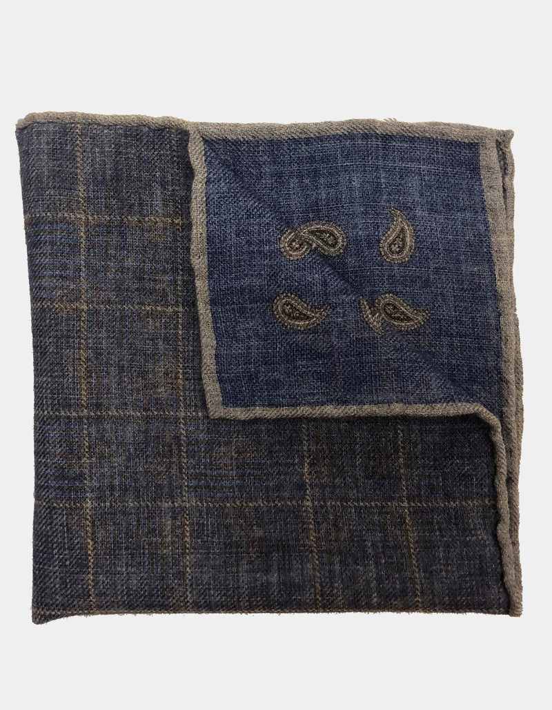 FAZZOLETTO WOOL FLANNEL DOUBLE SIDED GLEN CHECK PAISLEY POCKET SQUARE