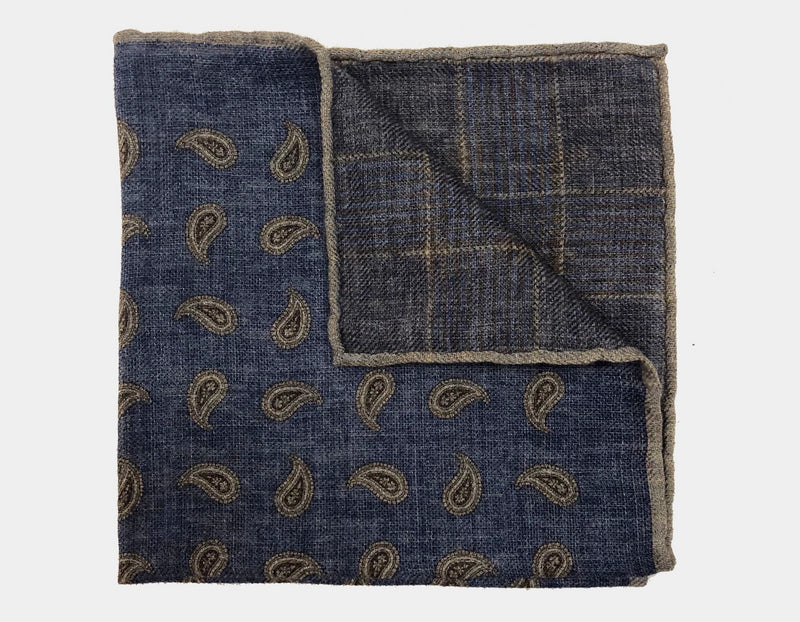 FAZZOLETTO WOOL FLANNEL DOUBLE SIDED GLEN CHECK PAISLEY POCKET SQUARE