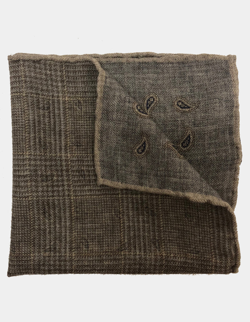 FAZZOLETTO WOOL FLANNEL DOUBLE SIDED GLEN CHECK PAISLEY POCKET SQUARE