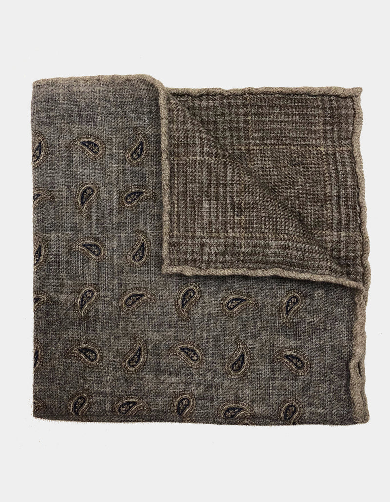 FAZZOLETTO WOOL FLANNEL DOUBLE SIDED GLEN CHECK PAISLEY POCKET SQUARE