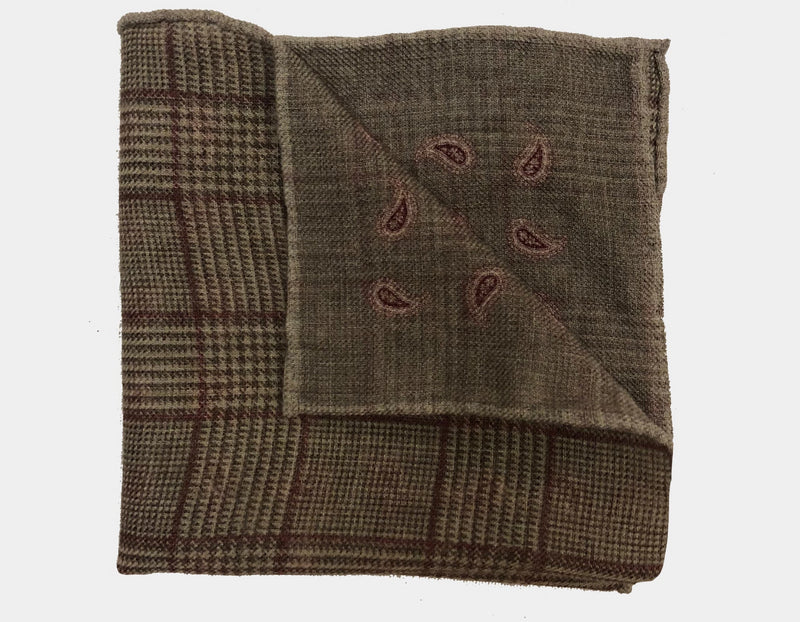 FAZZOLETTO WOOL FLANNEL DOUBLE SIDED GLEN CHECK PAISLEY POCKET SQUARE