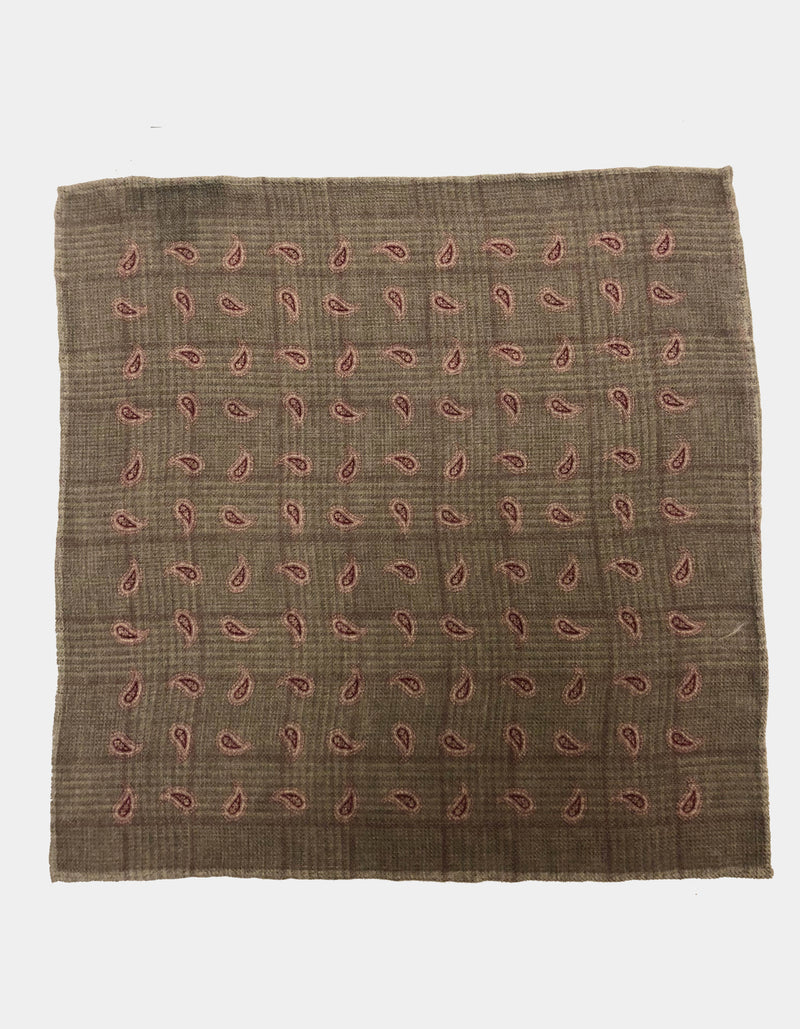FAZZOLETTO WOOL FLANNEL DOUBLE SIDED GLEN CHECK PAISLEY POCKET SQUARE
