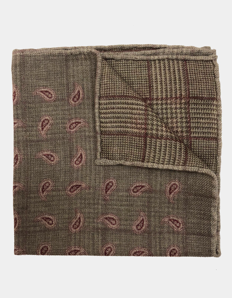 FAZZOLETTO WOOL FLANNEL DOUBLE SIDED GLEN CHECK PAISLEY POCKET SQUARE