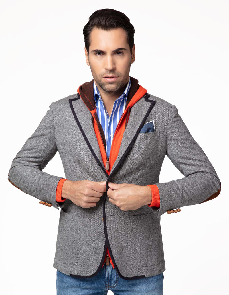 FREETIME HERRINGBONE RIBBON TAPING BLAZER WITH ELBOW PATCH