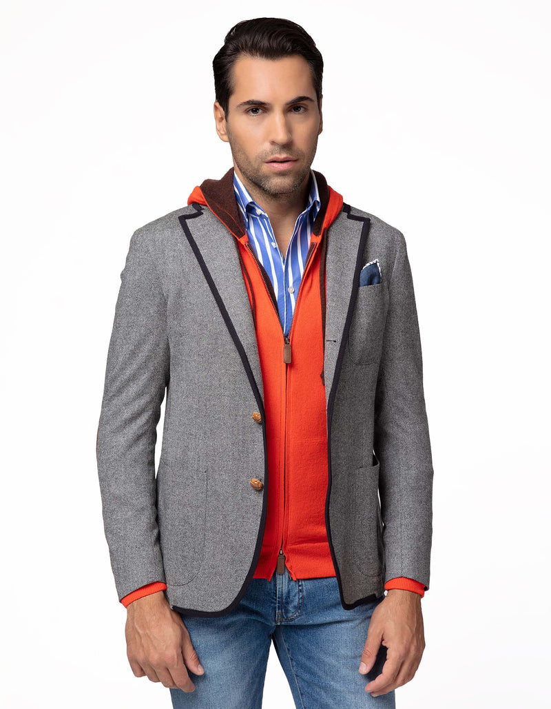 FREETIME HERRINGBONE RIBBON TAPING BLAZER WITH ELBOW PATCH