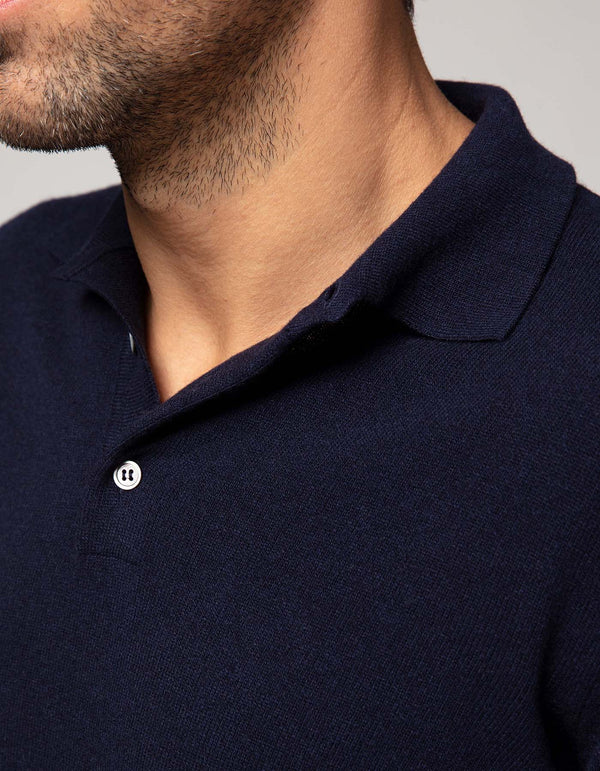 EXTRA FINE MERINO LONG SLEEVE POLO NAVY