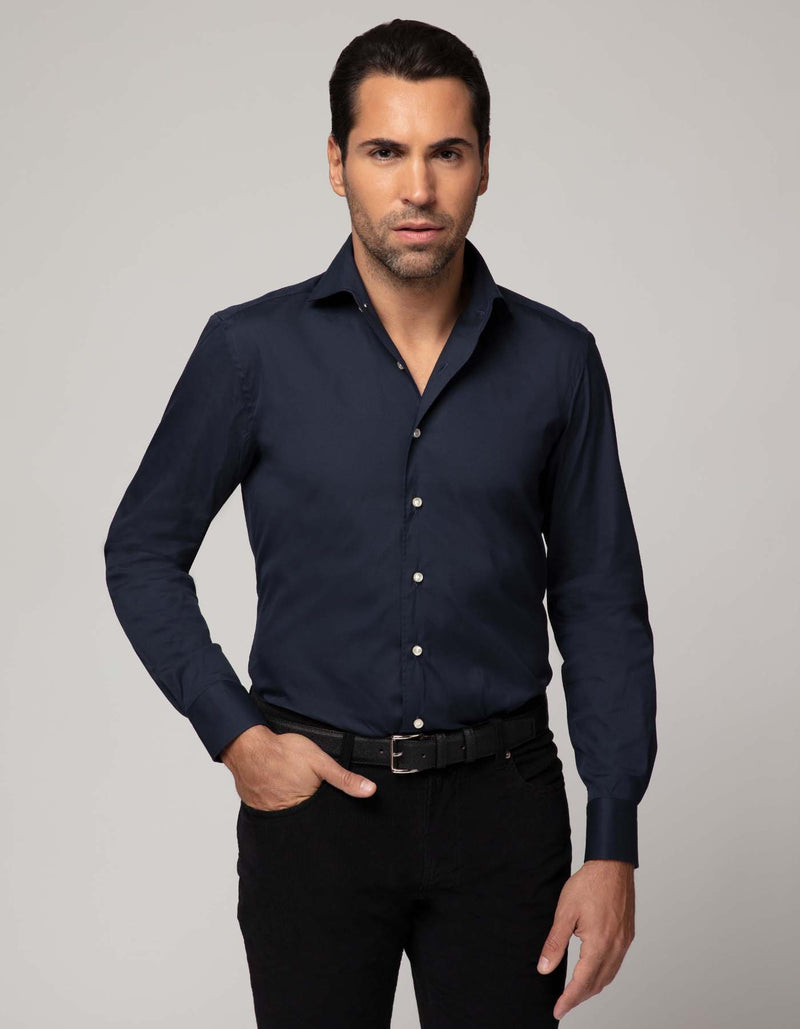 CREMIEUX NAVY LUXURY STRETCH POPLIN SPREAD COLLAR SHIRT