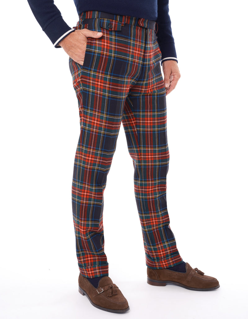 BLACK STEWART TARTAN PLAIN FRONT PANTS