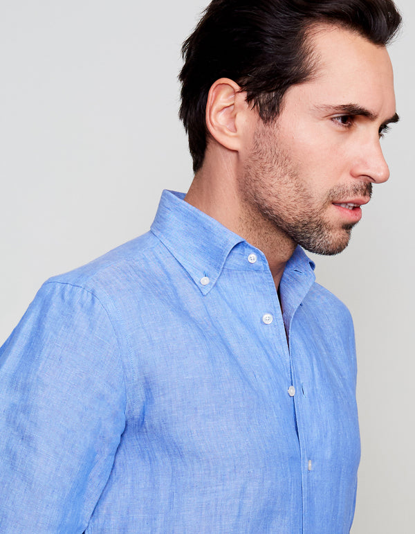 BLUE WASHED SOLID LINEN BUTTON DOWN COLLAR SHIRT