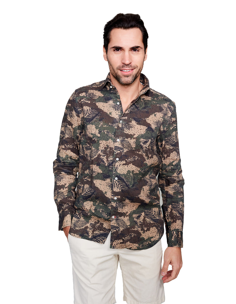 CAMO PRINT LINEN SPREAD COLLAR SHIRT