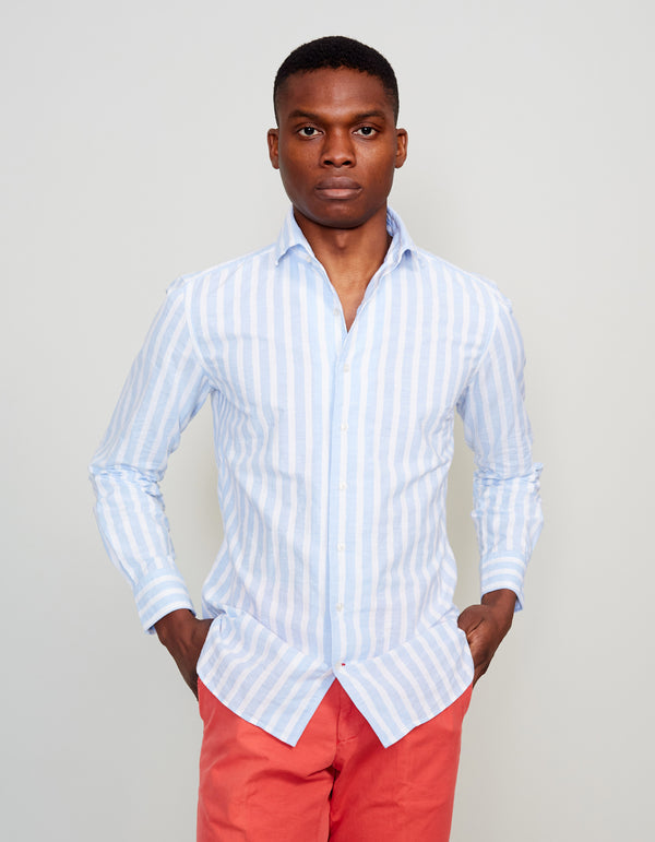 CHAMBRAY STRIPED BUTTON DOWN COLLAR SHIRT