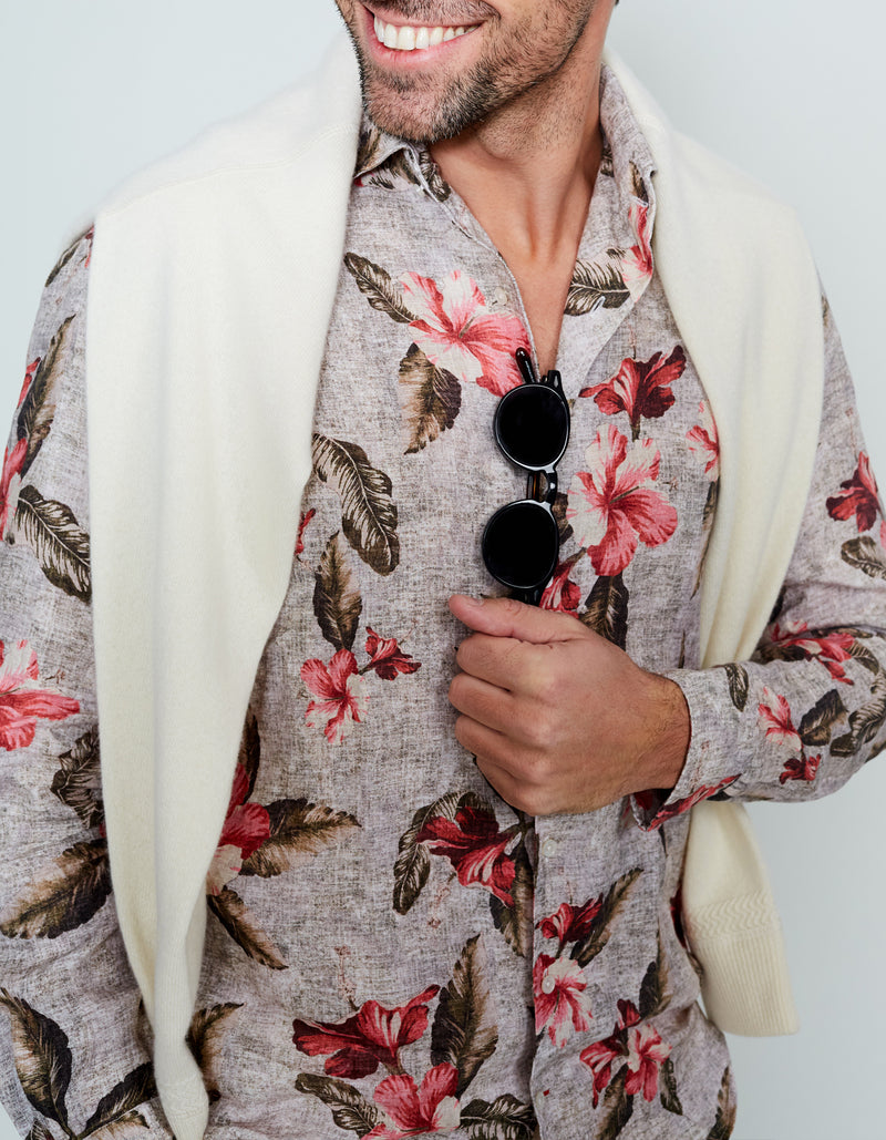 KHAKI HIBISCUS PRINT LINEN SPREAD COLLAR SHIRT