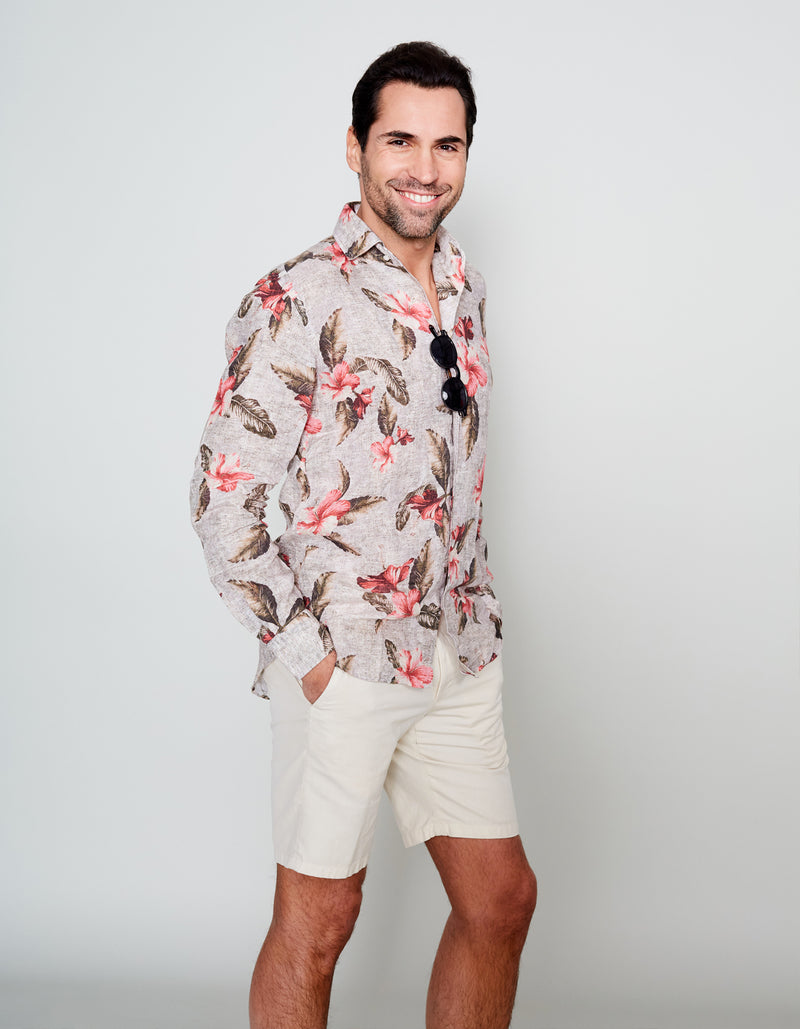 KHAKI HIBISCUS PRINT LINEN SPREAD COLLAR SHIRT