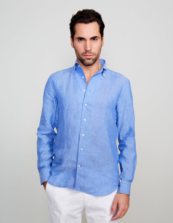 BLUE WASHED SOLID LINEN BUTTON DOWN COLLAR SHIRT