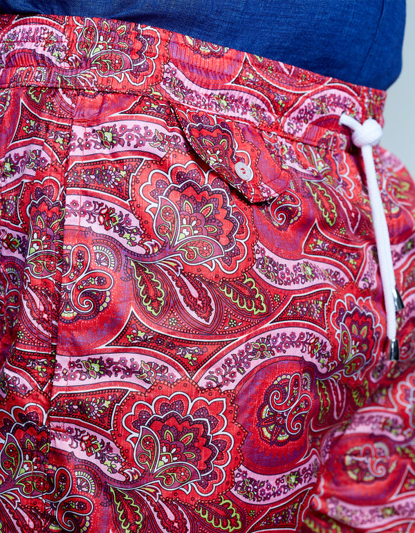 RED PAISLEY PRINTED SWIM SHORTS