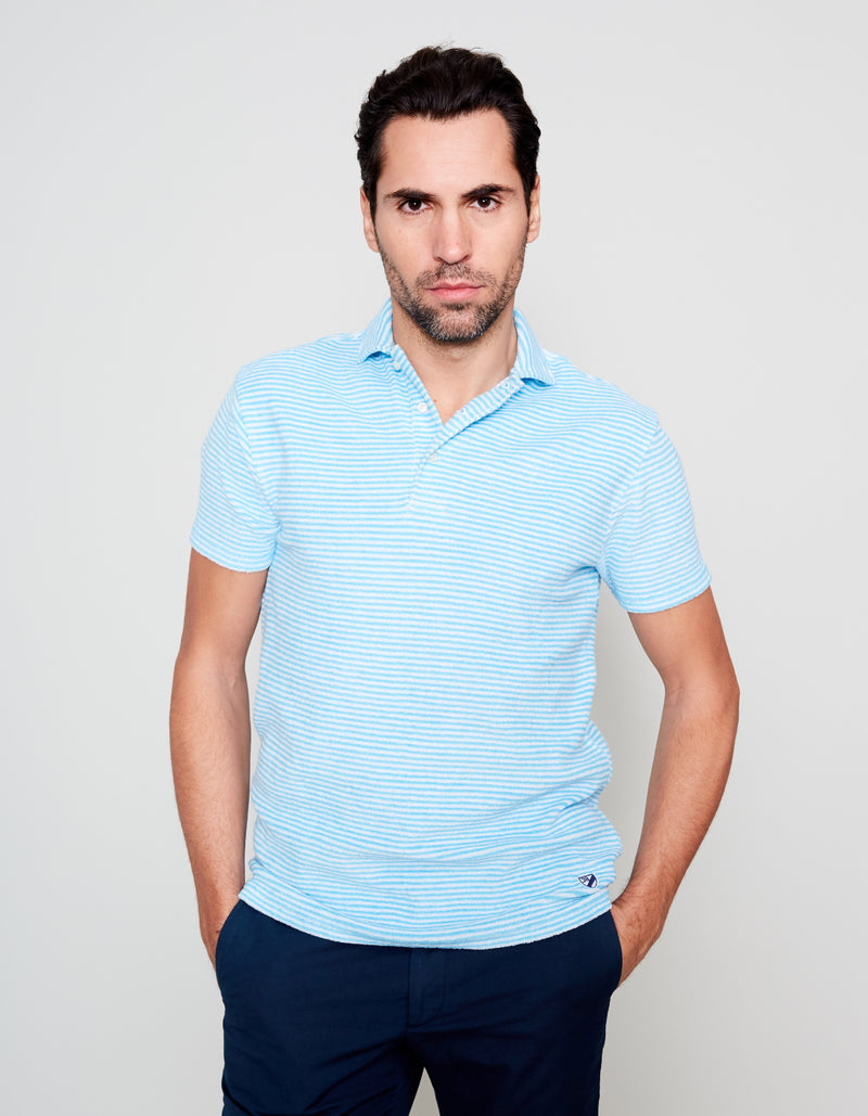 TURQUOISE STRIPED TERRY COTTON POLO